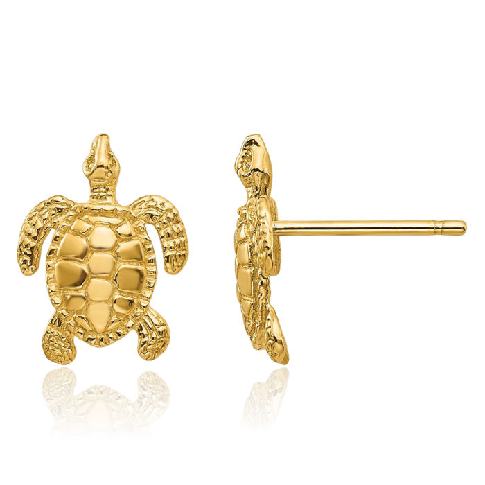 10K Solid Yellow Gold Sea Turtle Stud Earrings