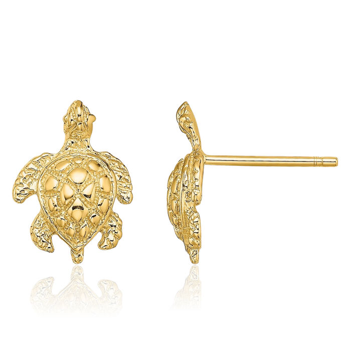 10K Solid Yellow Gold Sea Turtle Stud Earrings