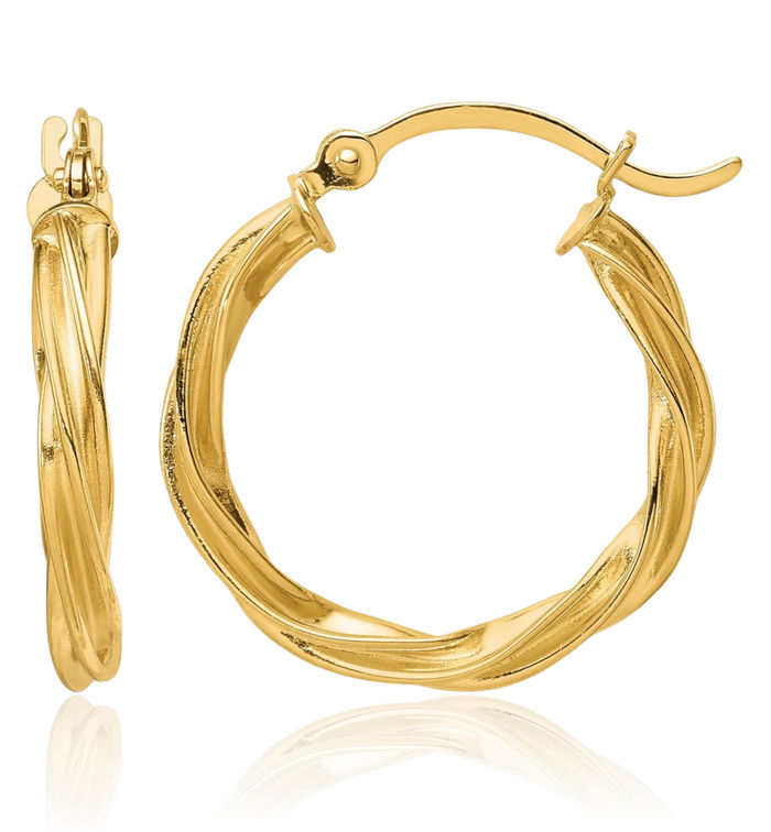 10K Solid Yellow Gold Twisted 2.5mm Round Medium Hoop Earrings