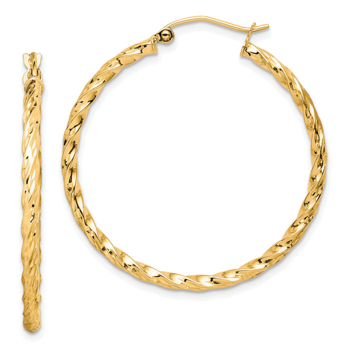 10K Solid Yellow Gold Twisted 35mm Medium Hoop Earrings