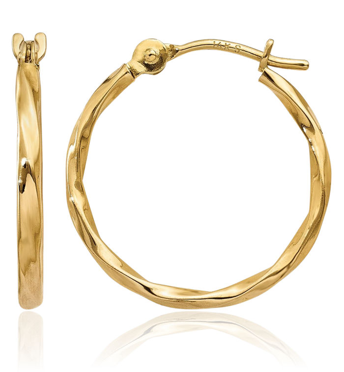 10K Solid Yellow Gold Twisted Round Huggie Small Hoop Earrings