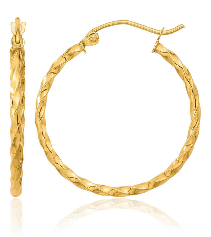 10K Solid Yellow Gold Twisted Round Medium Hoop Earrings