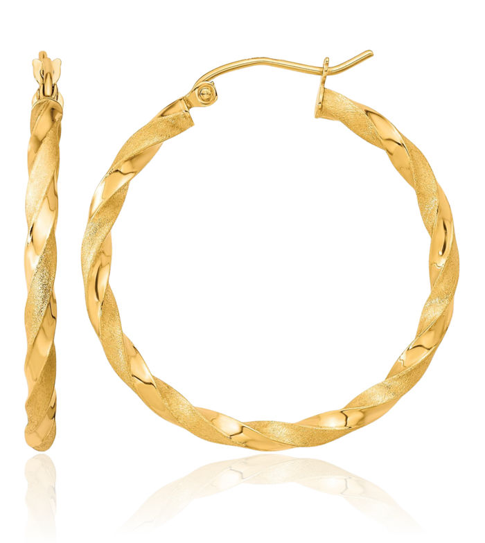 10K Solid Yellow Gold Twisted Round Medium Hoop Earrings