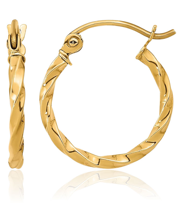 10K Solid Yellow Gold Twisted Round Small Hoop Earrings