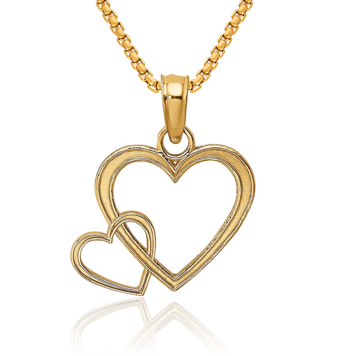 10K Solid Yellow Gold Two Heart Necklace Love Pendant Charm