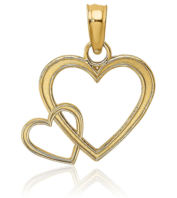 10K Solid Yellow Gold Two Heart Necklace Love Pendant Charm