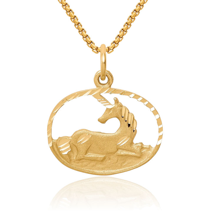 10K Solid Yellow Gold Unicorn Magical Horse Head Necklace Animal Lover Pendant Equestrian Charm