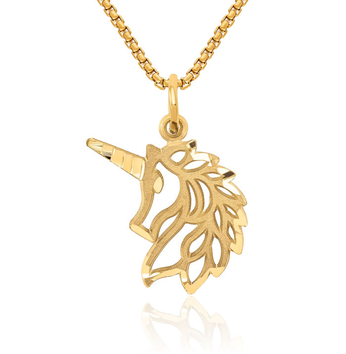 10K Solid Yellow Gold Unicorn Magical Horse Head Necklace Animal Lover Pendant Equestrian Charm