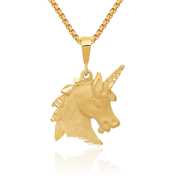 10K Solid Yellow Gold Unicorn Magical Horse Head Necklace Animal Lover Pendant Equestrian Charm