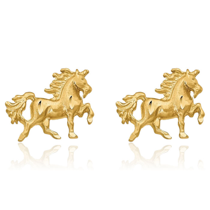 10K Solid Yellow Gold Unicorn Magical Horse Head Studs Animal Lover Earrings Equestrian Jewelry
