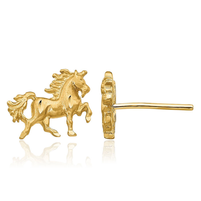 10K Solid Yellow Gold Unicorn Magical Horse Head Studs Animal Lover Earrings Equestrian Jewelry