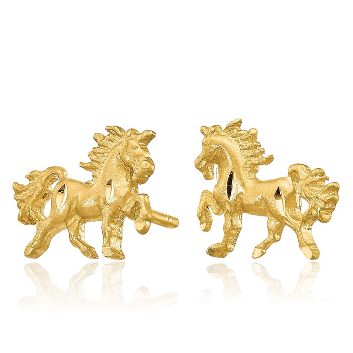 10K Solid Yellow Gold Unicorn Magical Horse Head Studs Animal Lover Earrings Equestrian Jewelry