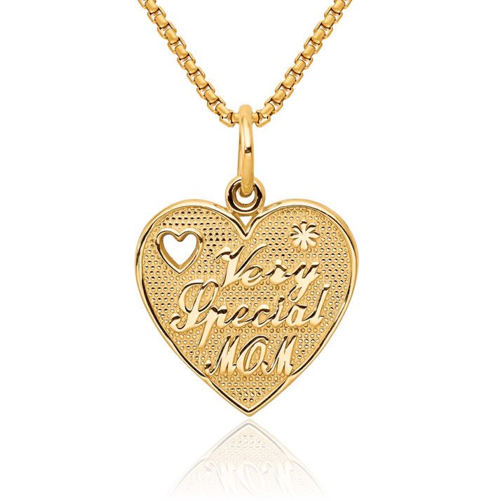 10K Solid Yellow Gold Very Special Mom Heart Necklace Mama Charm Mother Pendant