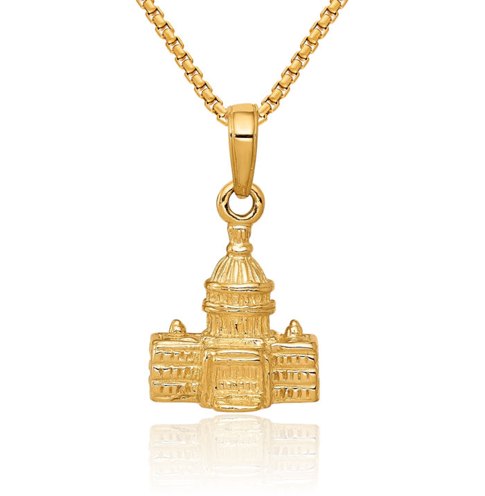 10K Solid Yellow Gold Washington Capital Building Necklace Chain Pendant Charm