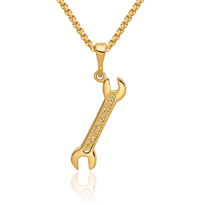 10K Solid Yellow Gold Wrench Necklace Mechanic Chain Pendant Charm