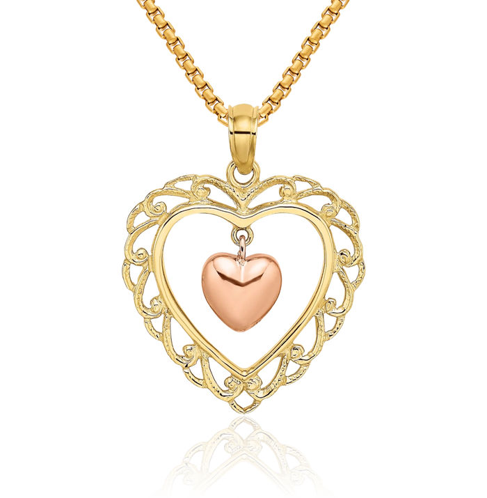 10K Solid Yellow Rose Pink Gold Dangling Heart Necklace Chain Pendant Charm