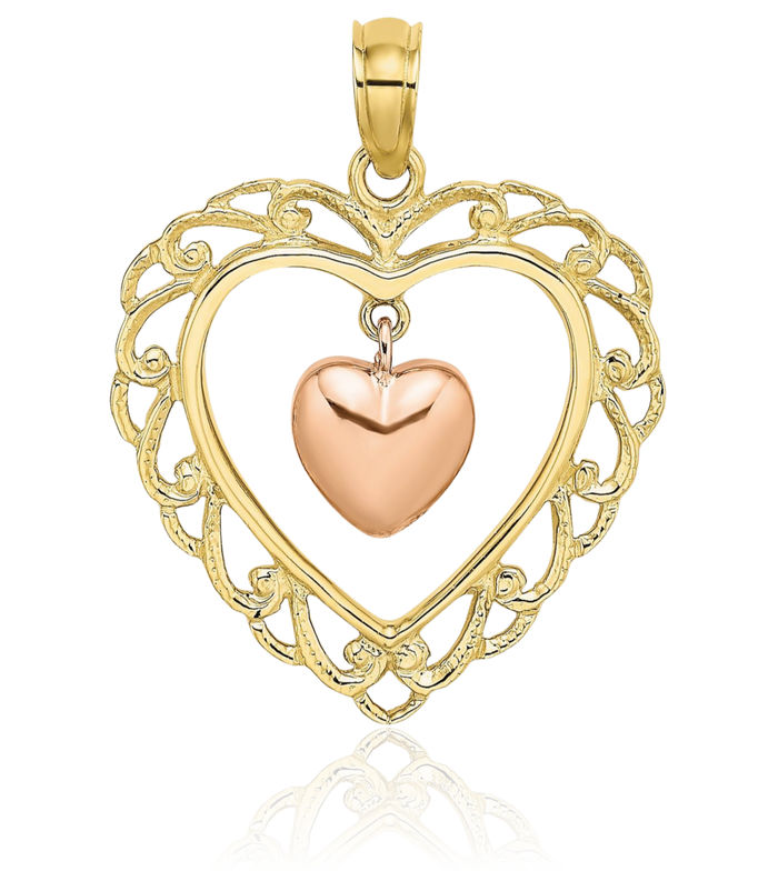 10K Solid Yellow Rose Pink Gold Dangling Heart Necklace Chain Pendant Charm