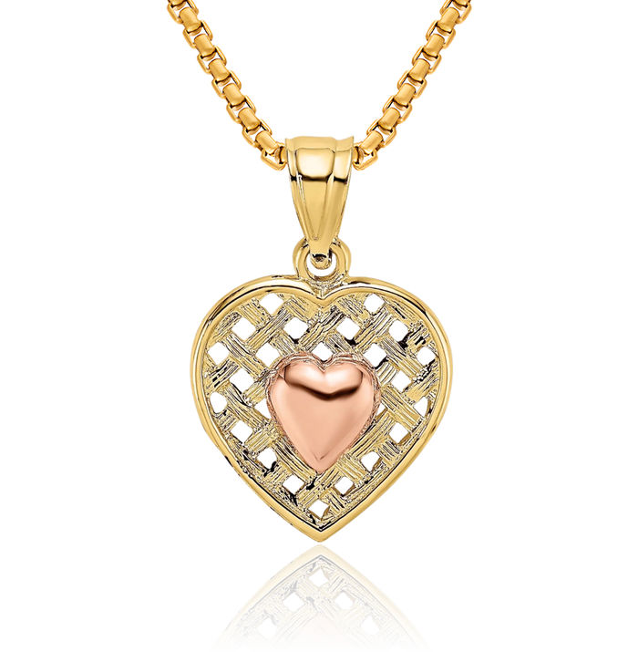 10K Solid Yellow Rose Pink Gold Heart Woven Necklace Love Pendant Charm