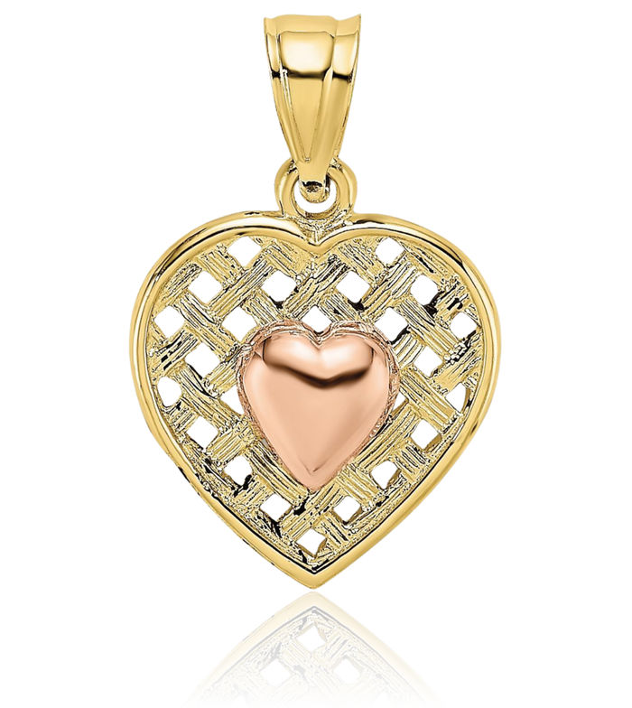 10K Solid Yellow Rose Pink Gold Heart Woven Necklace Love Pendant Charm