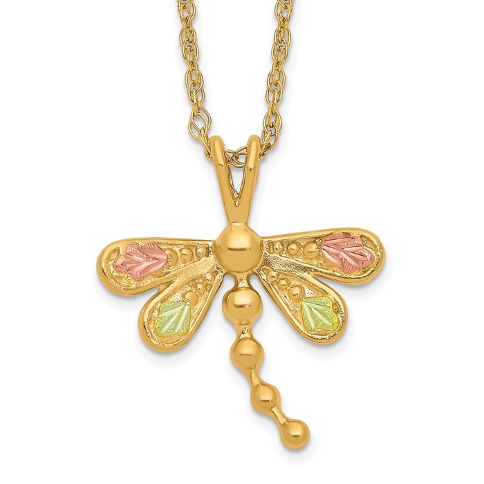 10K Solid Tri Color Pink White Yellow Black Hills Gold Dragonfly Chain Necklace