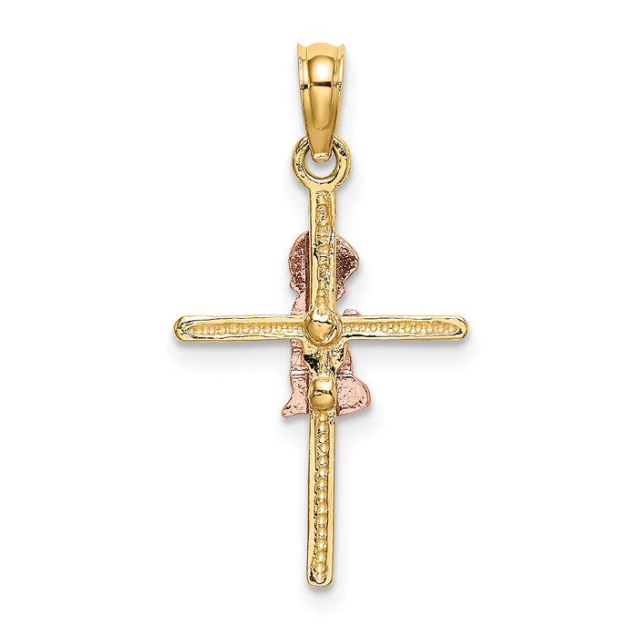 10K Solid Two Tone Gold Boy Holy Cross Necklace Religious Chain Pendant Jesus Christ Charm