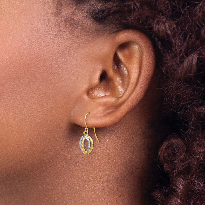 10K Solid Two Tone Gold Drop Dangle Earrings
