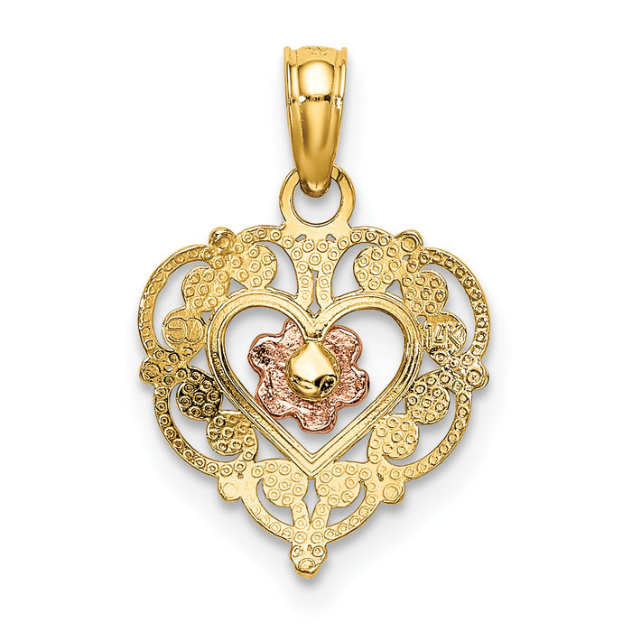 10K Solid Two Tone Gold Flower Heart Necklace Love Pendant Charm