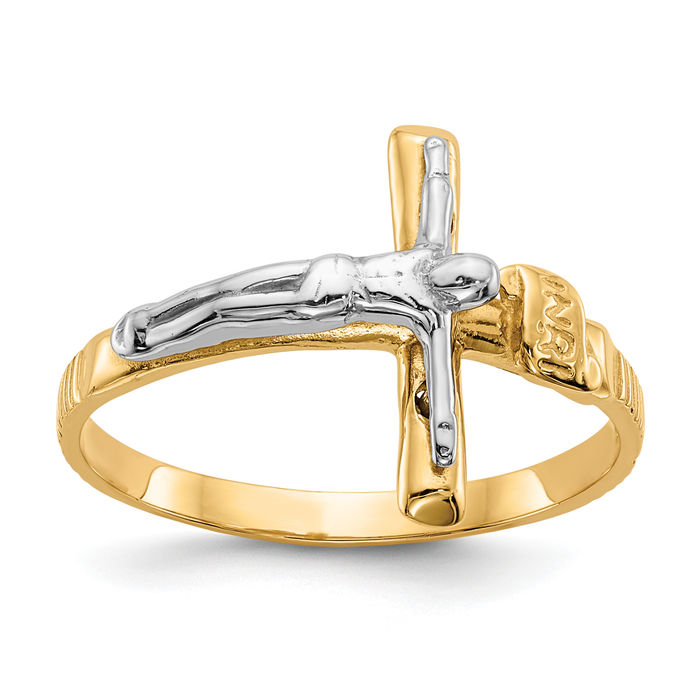 10K Solid Two Tone Gold Inri Jesus Crucifix Cross Ring - Picture 9 of 56