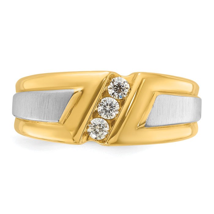 10K Solid Two Tone Gold Mens 3 Stone Diamond Wedding Band Statement Ring