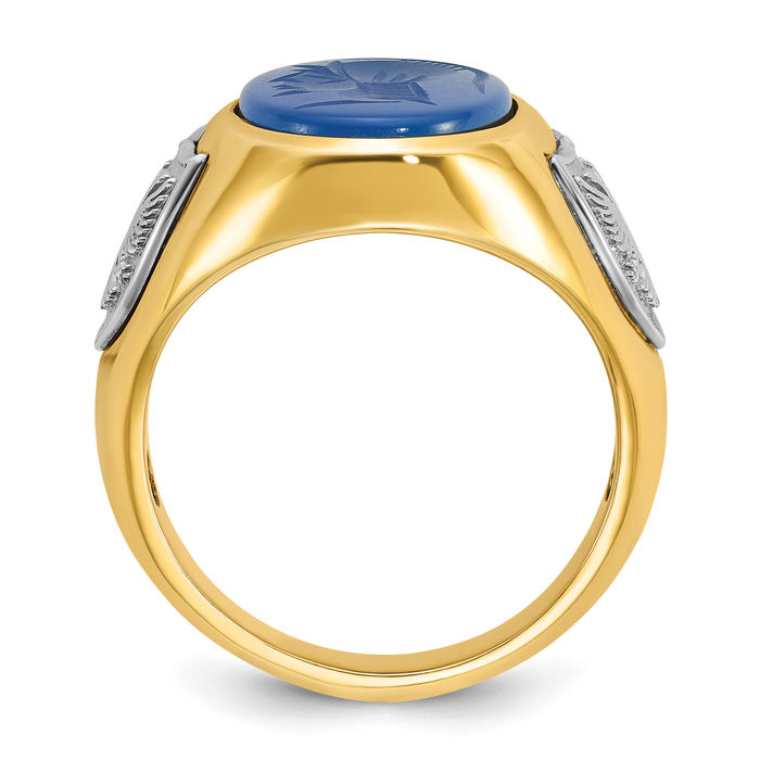 10K Solid Two Tone Gold Mens Blue Agate Ring Gemstone Band