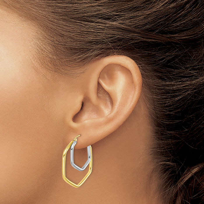 10K Solid Two Tone Gold Medium Hoop Earrings