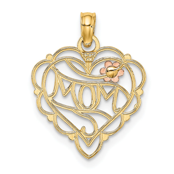 10K Solid Two Tone Gold Mom Heart Flower Necklace Mama Charm Mother Pendant