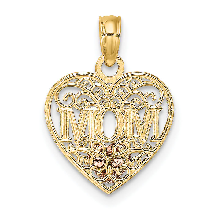 10K Solid Two Tone Gold White Mom Heart Necklace Mama Charm Mother Pendant