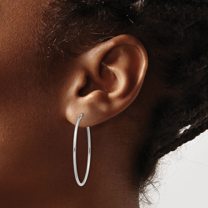 10K Solid White Gold 1.5mm Endless Round Medium Hoop Earrings