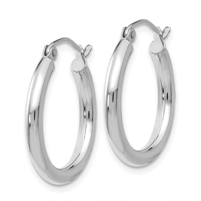 10K Solid White Gold 2.5mm Tube Round Medium Hoop Earrings