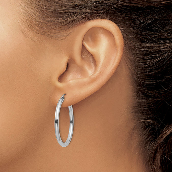 10K Solid White Gold 2.5mm Tube Round Medium Hoop Earrings