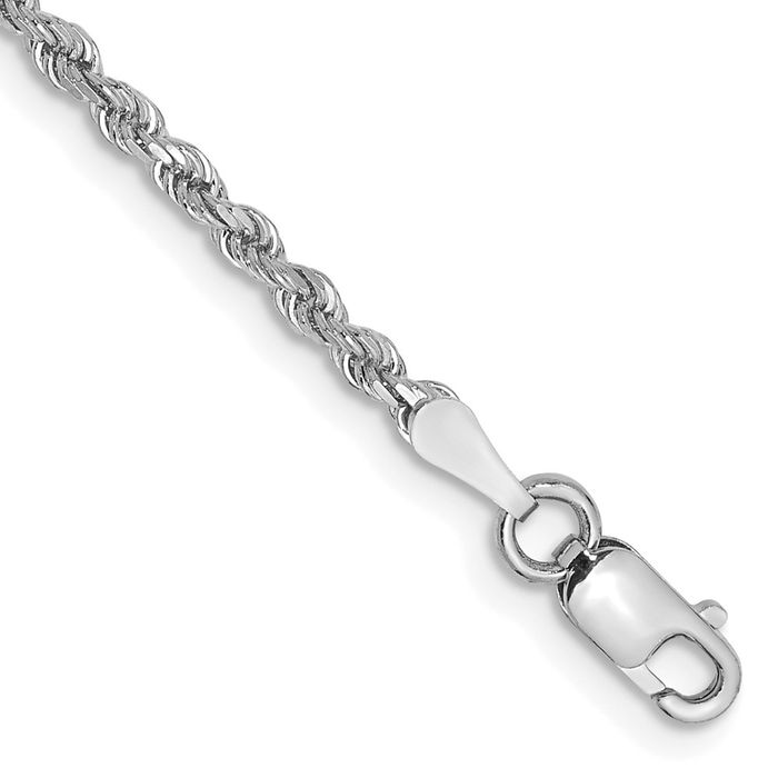 10K Solid White Gold 2mm Rope Chain Bracelet - Picture 6 of 27