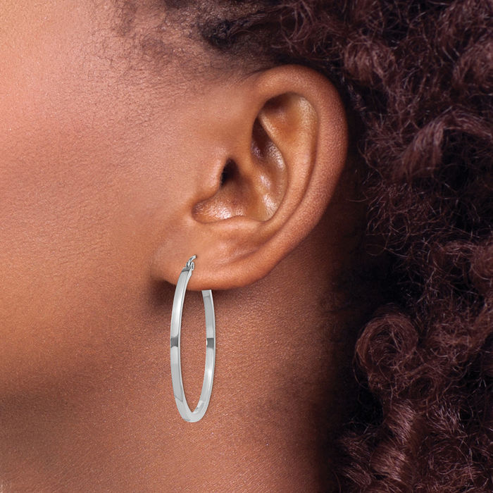 10K Solid White Gold 2mm Square Tube Round Medium Hoop Earrings