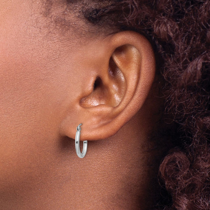 10K Solid White Gold 2mm Tube Round Small Hoop Earrings