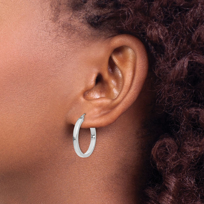 10K Solid White Gold Tube Round Medium Hoop Earrings