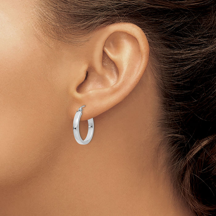 10K Solid White Gold Tube Round Medium Hoop Earrings