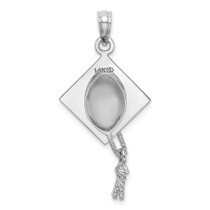 10K Solid White Gold Dangling Graduation Cap Tassle Necklace Chain Pendant Charm