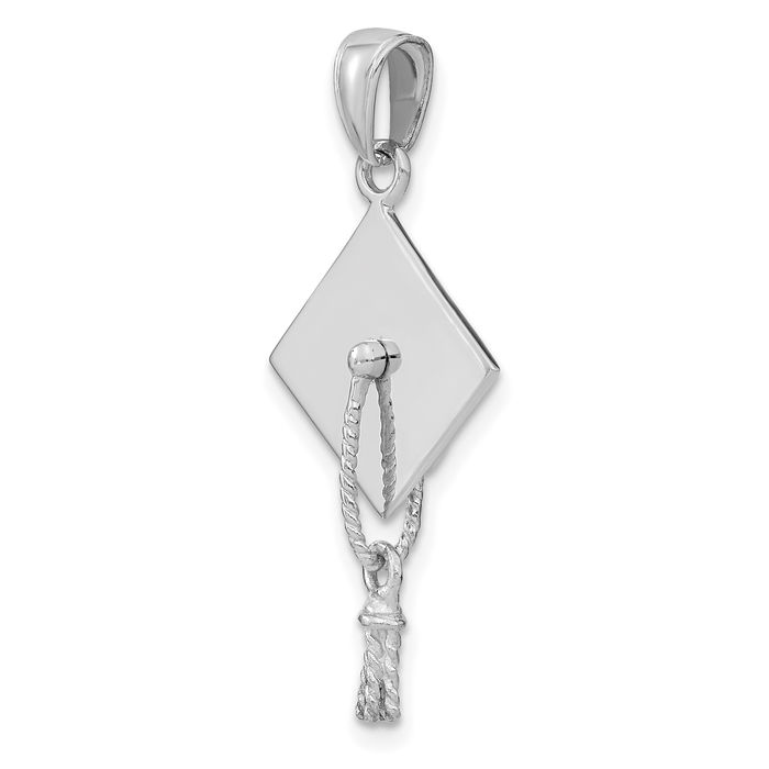 10K Solid White Gold Dangling Graduation Cap Tassle Necklace Chain Pendant Charm