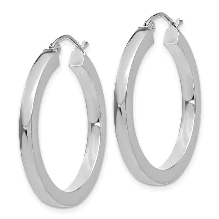 10K Solid White Gold 3mm Square Tube Round Medium Hoop Earrings