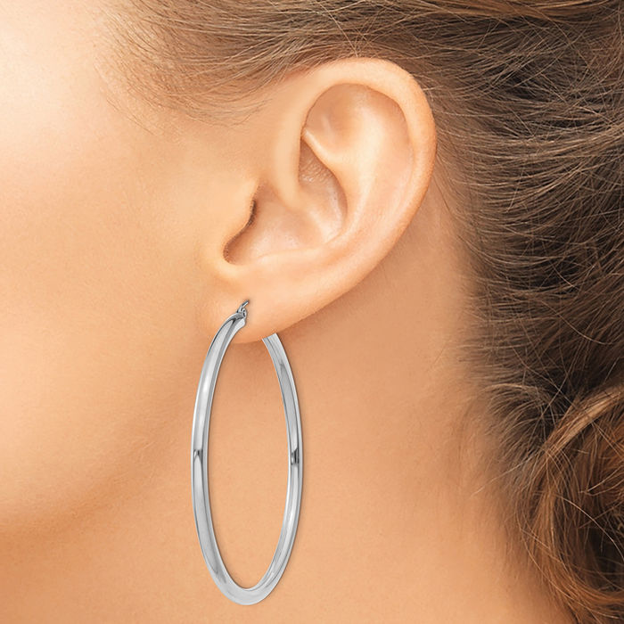 10K Solid White Gold 3mm Tube Round Large Hoop Earrings