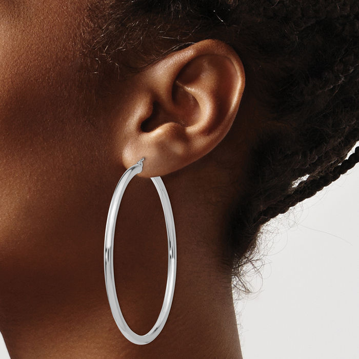 10K Solid White Gold 3mm Tube Round Large Hoop Earrings