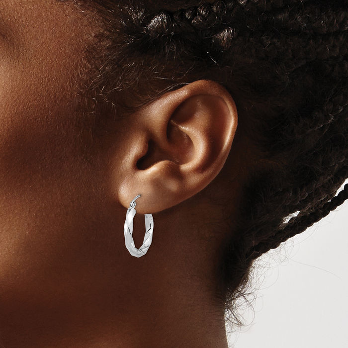 10K Solid White Gold 3mm Twisted Round Medium Hoop Earrings