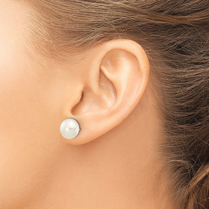 10K Solid White Gold 8mm Button Freshwater Cultured Pearl Stud Earrings
