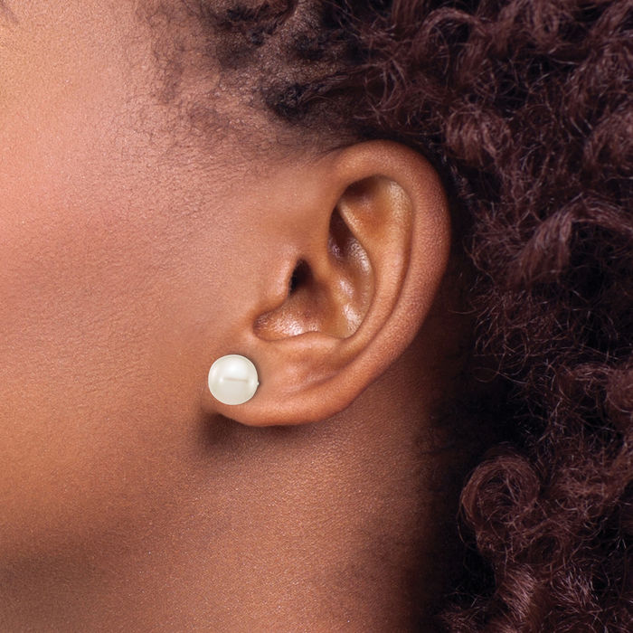 10K Solid White Gold 8mm Round Freshwater Cultured Pearl Stud Earrings