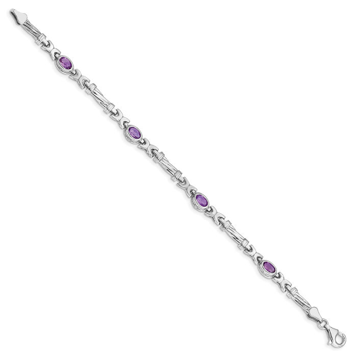 10K Solid White Gold Purple Amethyst 4 Stone Chain Gemstone Tennis Bracelet